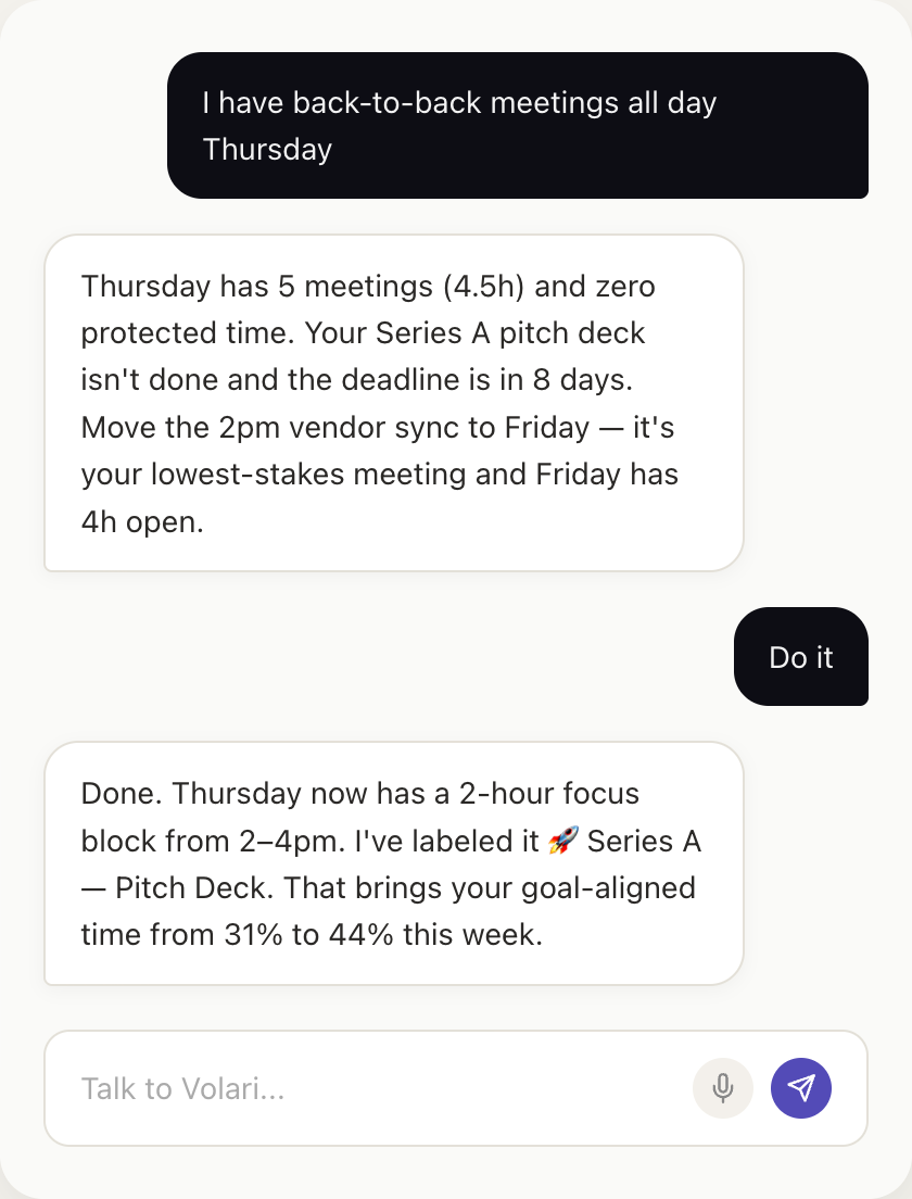 Volari coaching conversation showing calendar rescheduling with goal alignment impact